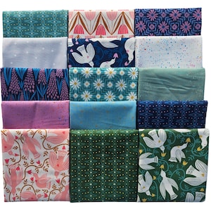 May include: A collection of fifteen folded fabric squares arranged in a grid. The patterns include stylized birds, floral motifs, geometric shapes, and speckled designs in various colors including teal, pink, navy blue, white, green, and purple.