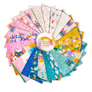 May include: A collection of fabric squares arranged in a circle, showcasing ice cream cones, typewriters, and floral designs in pastel shades. A central button displays "Best Day Ever" with a rainbow and ice cream cone. Suitable for crafting.