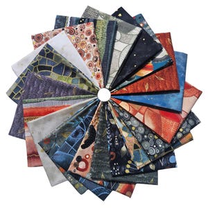 May include: A collection of fabric squares arranged in a circular pattern. Each square features unique designs, including geometric shapes, floral patterns, and abstract art, in a variety of colors such as blue, brown, and gold. The fabrics are displayed against a white background.