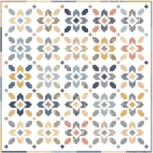Könnte beinhalten: Ein quadratischer Quilt mit einem sich wiederholenden Muster aus sternartigen Blöcken auf weißem Hintergrund. Jeder Block besteht aus einem zentralen Quadrat, umgeben von vier Rauten und vier rechteckigen Teilen in Blau-, Gold- und Korallentönen.