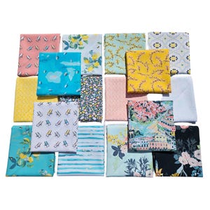 May include: A collection of 16 fabric squares with various patterns, including lemons, flowers, and geometric designs. The fabrics are in shades of blue, green, yellow, pink, and white.