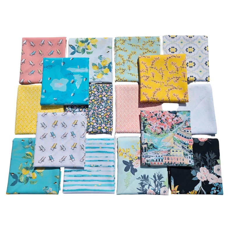 May include: A collection of 16 fabric squares with various patterns, including lemons, flowers, and geometric designs. The fabrics are in shades of blue, green, yellow, pink, and white.