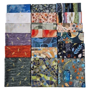 May include: A collection of twenty rectangular fabric swatches arranged in a grid. The patterns include various abstract designs, geometric shapes, floral motifs, and leaf prints in a diverse color palette of blue, orange, green, gray, and gold.