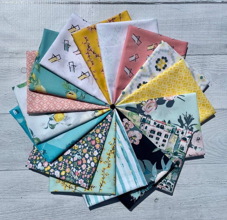 Pictures of fat quarter and half yard bundles of Capri by Katarina Roccella for Art Gallery Fabrics.