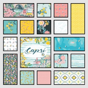 May include: A collage of 15 different patterns featuring lemons, flowers, stripes, and geometric designs. The word "Capri" is written in cursive on a blue and white striped background.