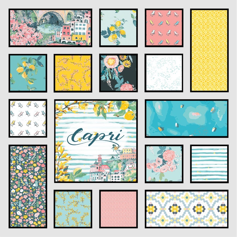 May include: A collage of 15 different patterns featuring lemons, flowers, stripes, and geometric designs. The word "Capri" is written in cursive on a blue and white striped background.