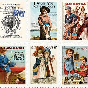 Puede incluir: Una colección de sellos postales de estilo vintage. Los sellos presentan temas patrióticos, incluyendo la bandera estadounidense, figuras históricas y carteles de reclutamiento. La paleta de colores incluye tonos rojos, blancos, azules y sepia.