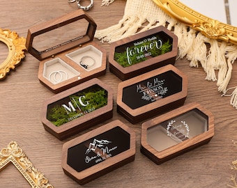 Personalisierte Ehering-Box, Holz-Doppelschlitz-Ringträger, UV-Druck-Ringhalter, Ringträger-Box, Verlobung, Trauung, Ring-Etui