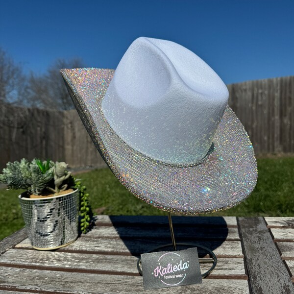 White Cowboy Hat  w/ Crystal AB Rhinestones (Brim Only) | rhinestone cowboy hat | rhinestone hat |  bachelorette hat | bride cowgirl hat