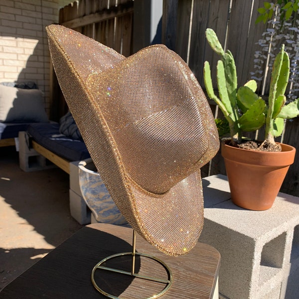 Licht gouden strass cowboyhoed | strass-cowboy | hoed met strass | gouden hoed | Festival hoed