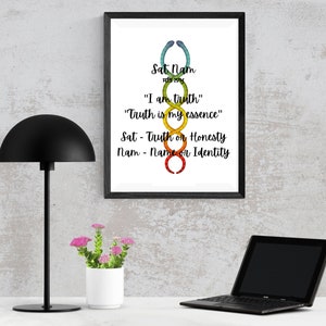 May include: A framed print with a white background and a colorful illustration of a symbol with the text "Sat Nam" in black, "I am truth" in black, "Truth is my essence" in black, "Sat - Truth or Honesty" in black, and "Nam - Name or Identity" in black.
