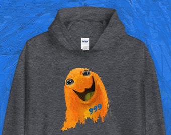 May include: A dark grey hooded sweatshirt featuring an orange cartoon character with a big smile and the number 999 printed on the front.
