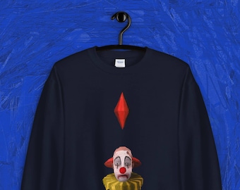 Bluza unisex Sims, Bluza z okrągłym dekoltem dla dorosłych The Sims Sad Clown, NPC, Zabawny świąteczny sweter, Nerdowaty sweter, Boże Narodzenie, FIGUE