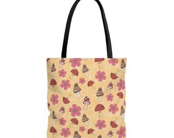 Boho Mushroom Floral Tote Bag | 17 x 18 x 3.46 | Yellow