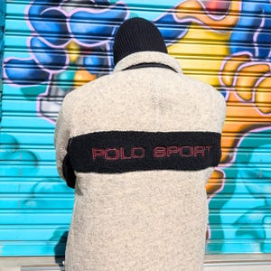 Vintage Polo Sport Ralph Lauren Sherpa Fleece Jacket Cream Large - Spell out Full Zip American Flag Logo Retro 90s Streetwear