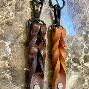 Leather Keychain Twisted Ribbons with Black Swivel Clasp and Split Ring.