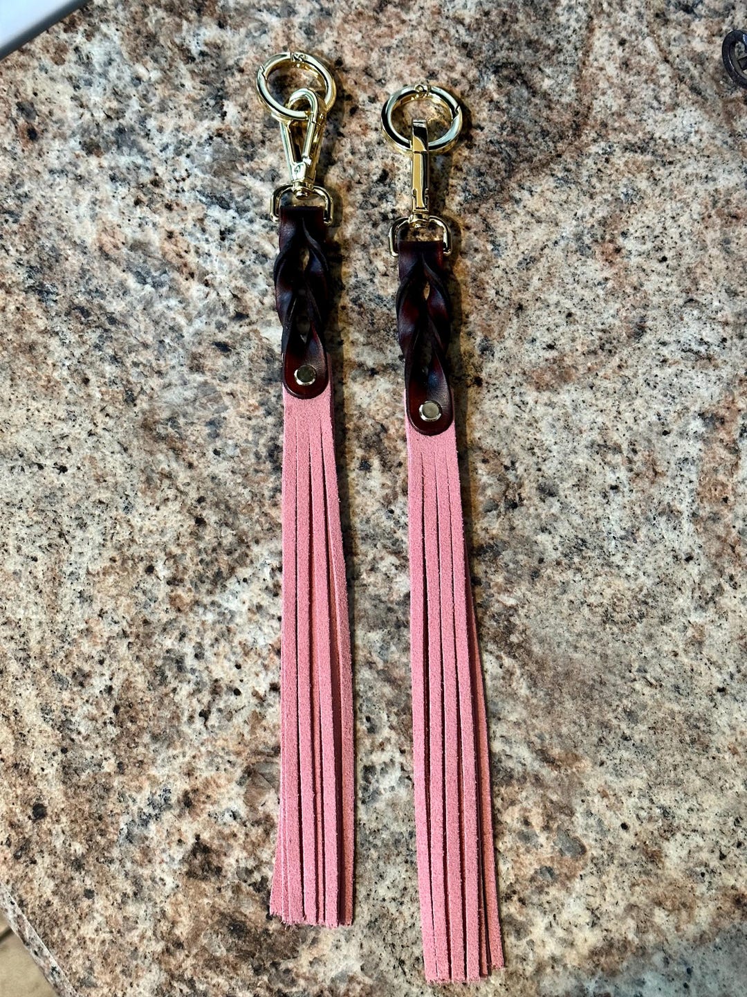 Leather Keychain With Brown Twisted Ribbons, Baby Pink Fringe and Gold ...