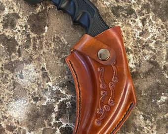 Leather Sheath for Karambit Style Knife.  Designed for a standard Karambit with plastic blade guard.