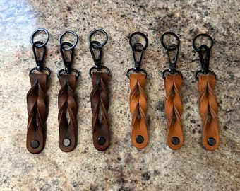 Leather Keychain Twisted Ribbons with Black Swivel Clasp,  1” split ring and Chicago screw black binder bolt.