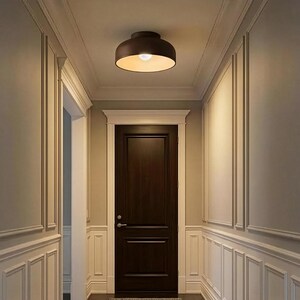 A hallway with light gray walls and white trim. A dark brown door is at the end of the hallway. A brown, circular ceiling light with a yellow glow hangs from the ceiling.