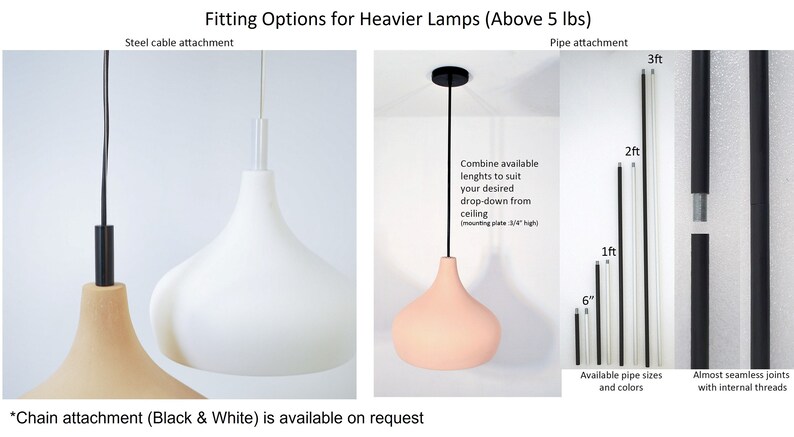 Technical guide displaying secure steel cable and modular pipe fitting options for heavier pendant lights.