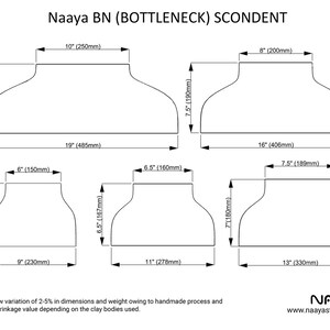 May include: A technical diagram titled Naaya BN (BOTTLENECK) SCONDENT displaying five black-and-white line drawings of bottleneck shapes with dimensions in inches and millimeters. Text notes a 2-5% variation due to the handmade process.