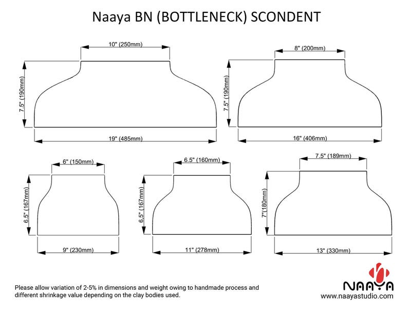 May include: A technical diagram titled Naaya BN (BOTTLENECK) SCONDENT displaying five black-and-white line drawings of bottleneck shapes with dimensions in inches and millimeters. Text notes a 2-5% variation due to the handmade process.