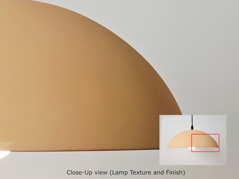 May include: Close-up view of a light brown, semi-circular lamp shade with a textured finish. The lamp is suspended from a black cord against a white background. The image also includes a smaller inset image of the lamp.