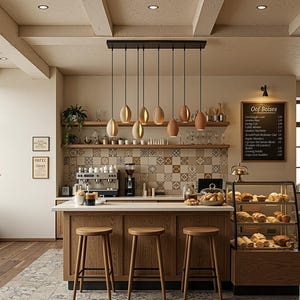 May include: Interior shot of a cafe with a wooden bar, stools, and display case filled with pastries. Overhead, pendant lights hang above the bar. A chalkboard menu reads "Oof Boises". The cafe has a warm, inviting atmosphere.