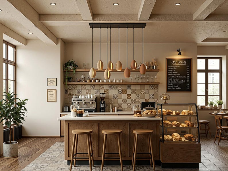 May include: Interior shot of a cafe with a wooden bar, stools, and display case filled with pastries. Overhead, pendant lights hang above the bar. A chalkboard menu reads "Oof Boises". The cafe has a warm, inviting atmosphere.