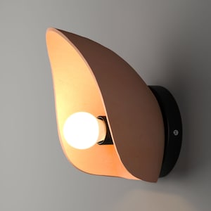 May include: A wall sconce featuring a curved, terracotta-coloured shade with a matte finish. The fixture includes a black circular base that mounts to the wall and a single, round, glowing white light bulb positioned within the curved shade.