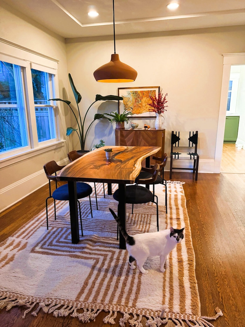 May include: A live edge wood dining table with black metal legs, surrounded by four dark blue upholstered chairs. A white and tan geometric patterned area rug with fringe sits underneath. A white cat with black spots stands on the rug.