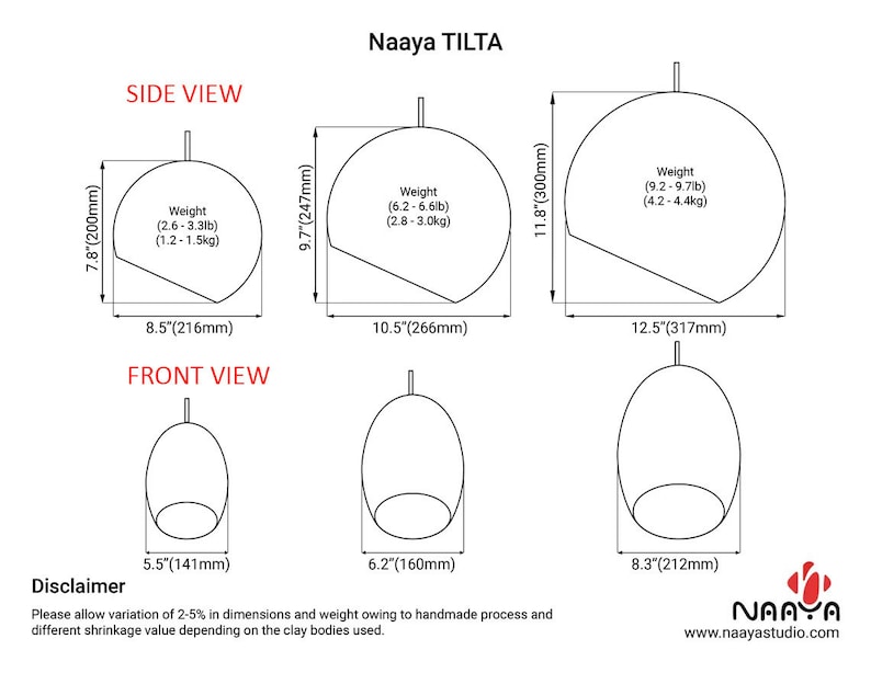 May include: Diagram of the Naaya TILTA product, showing side and front views with dimensions in inches and pounds. The side view shows a height of 7.8 inches (200mm), and the front view shows a width of 5.5 inches (141mm). The weight is between 2.6 and 9.7 pounds.