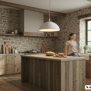 May include: A rustic kitchen with stone walls, wooden cabinets, and a large island. A white pendant light hangs above the island, which has a wooden surface. A person is walking in the background.
