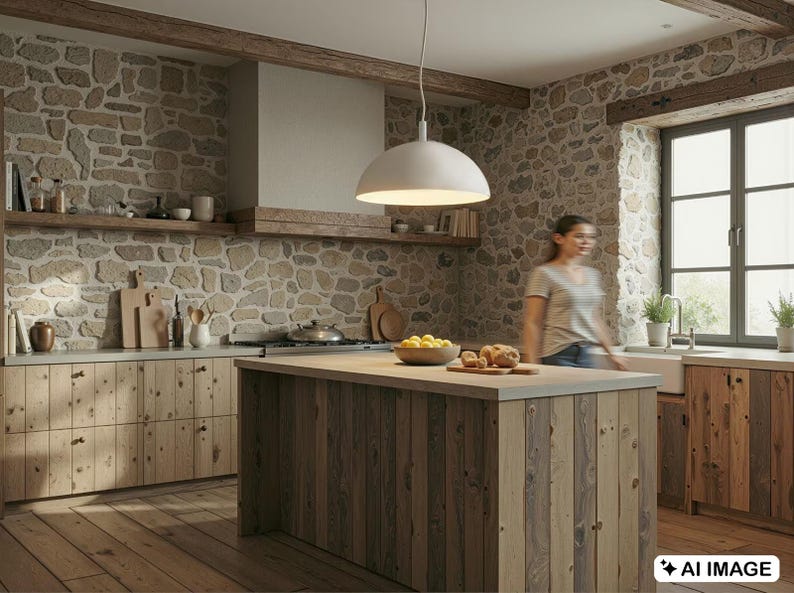 May include: A rustic kitchen with stone walls, wooden cabinets, and a large island. A white pendant light hangs above the island, which has a wooden surface. A person is walking in the background.