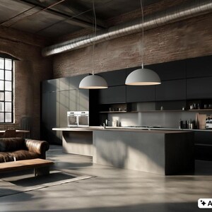 Pair of sleek matte grey dome pendants illuminating a moody, modern industrial concrete kitchen island.