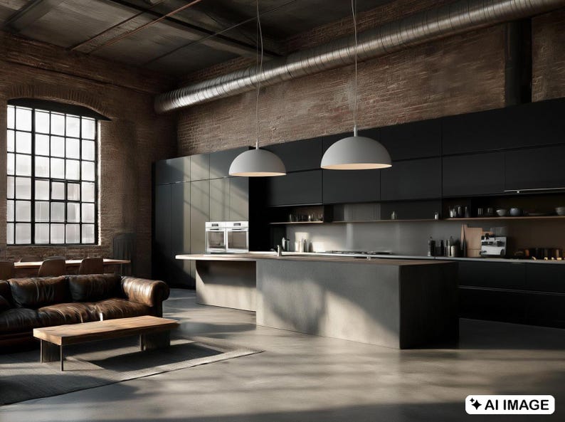 Pair of sleek matte grey dome pendants illuminating a moody, modern industrial concrete kitchen island.