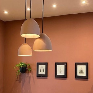 set of 3 cascading cluser of Naaya Dome terracotta ceramic pendant light terracotta wall living room dining room kitchen island handmade clay plug in hardwired Naaya