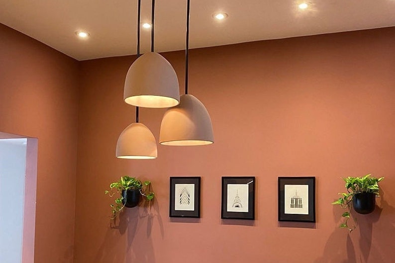 set of 3 cascading cluser of Naaya Dome terracotta ceramic pendant light terracotta wall living room dining room kitchen island handmade clay plug in hardwired Naaya
