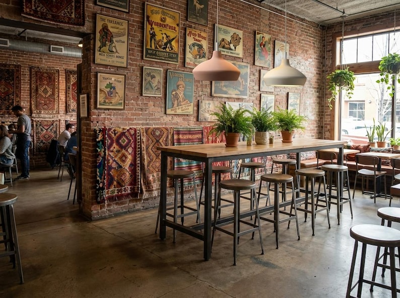 May include: A high wooden table with a metal frame surrounded by several metal bar stools in a room with exposed brick walls. The walls are decorated with framed vintage posters and hanging rugs. Two pendant lights hang above the table.
