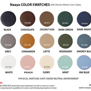 Color swatches from Naaya, featuring a variety of colors including black, chocolate, coconut husk, dark green, and dark night. Each color is displayed in a circular shape with its corresponding Sherwin Williams color code.