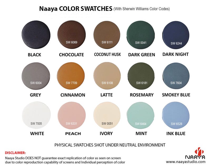 Color swatches from Naaya, featuring a variety of colors including black, chocolate, coconut husk, dark green, and dark night. Each color is displayed in a circular shape with its corresponding Sherwin Williams color code.