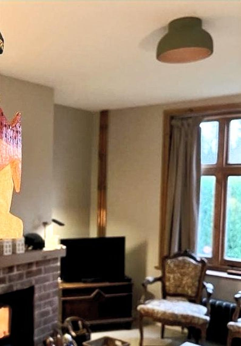 A living room interior featuring a brick fireplace, a wooden cabinet with a television, and a patterned armchair. A green and brown ceiling light is mounted on the ceiling. A window with curtains is visible.