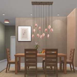 A ceramic chandelier suspended above a dining table, casting a warm and luxurious glow, enhancing the sophisticated ambiance of the dining area with its elegant design.