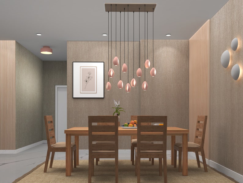 A ceramic chandelier suspended above a dining table, casting a warm and luxurious glow, enhancing the sophisticated ambiance of the dining area with its elegant design.