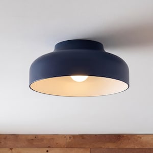 A dark blue ceiling light fixture with a rounded shade and a bright light bulb. The interior of the shade is a light cream color. The fixture is mounted on a white ceiling.