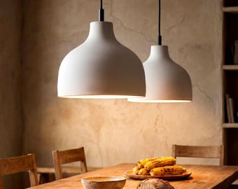 Japandi Ceramic Pendant Light, Minimalist Hanging Lamp in Terracotta or White Clay, Hardwired or Plug In - BOTTLENECK