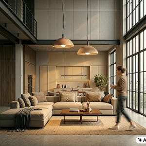 Two large warm terracotta dome pendants suspended in a modern industrial loft, casting ambient light.