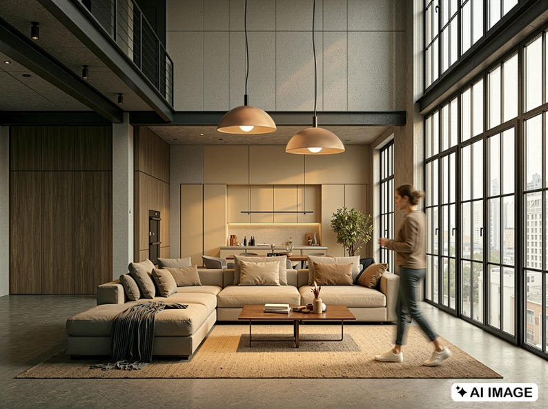 Two large warm terracotta dome pendants suspended in a modern industrial loft, casting ambient light.