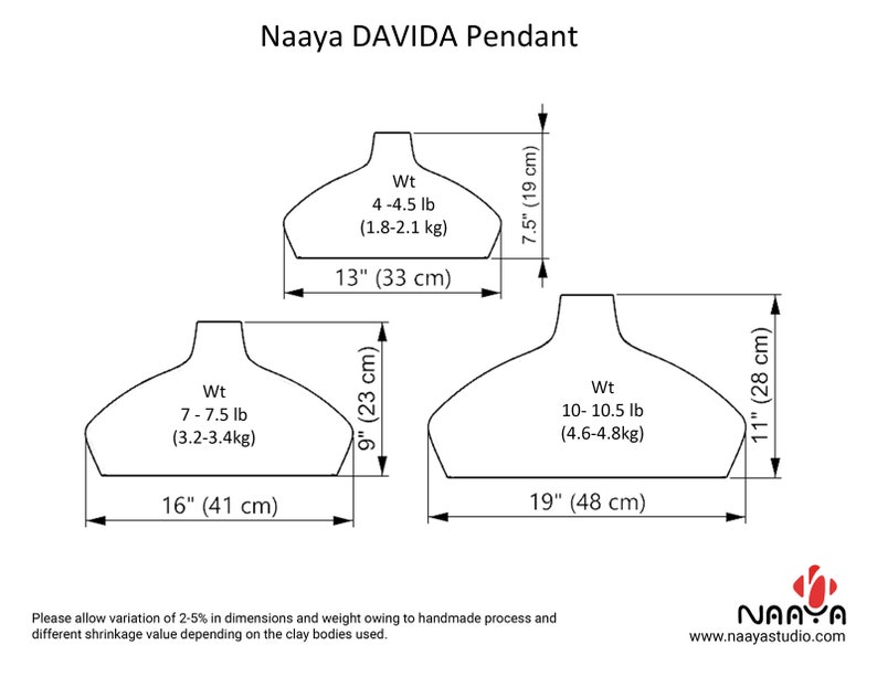 Dimension of Naaya new designer XL large ceramic lights available in 3 different sizes and color finishes for your home kitchen, living room and dining lighting.